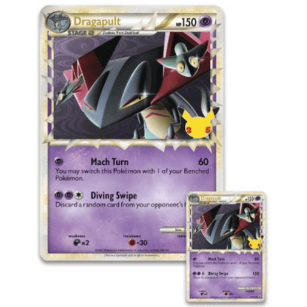 Carta holográfica de Dragapult Prime de Pokémon Celebraciones con borde plateado y el logo del 25 aniversario.