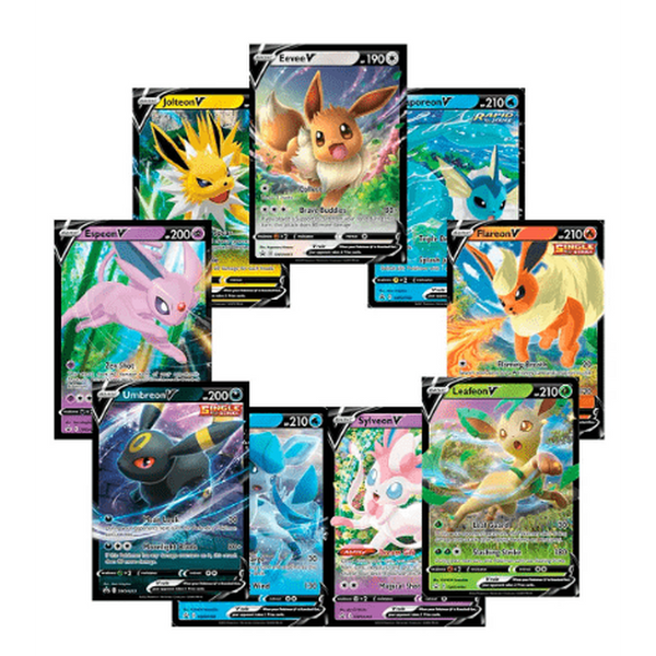 Colección de nueve cartas Pokémon V de Eevee y sus evoluciones con diseños coloridos y detallados sobre fondo blanco.