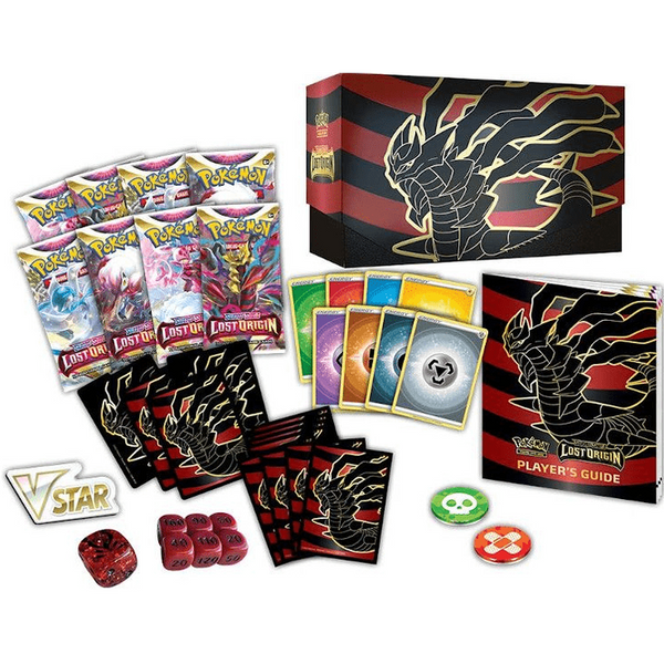 Caja de Entrenador Élite Pokémon Origen Perdido con sobres, guía, fundas, dados y marcadores de estado con diseño de Giratina.