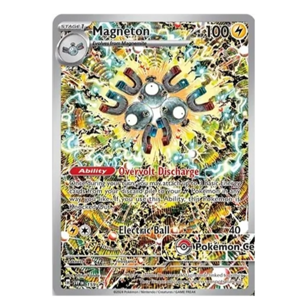 Carta Pokémon Magneton de Chispas Fulgurantes con diseño holográfico brillante, rayos eléctricos y estilo artístico detallado.
