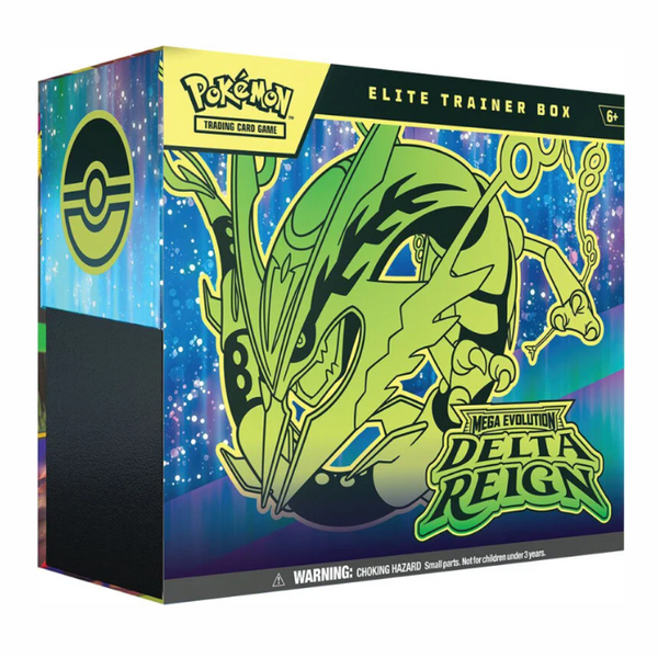 Caja de colección Pokémon Elite Trainer Box Delta Reign con diseño de Rayquaza verde sobre fondo azul estrellado.