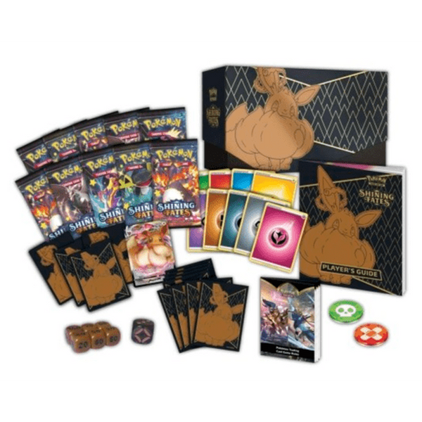 Caja de Entrenador Élite Pokémon Destinos Brillantes con sobres, fundas de Eevee, guía de jugador, dados y marcadores de daño.