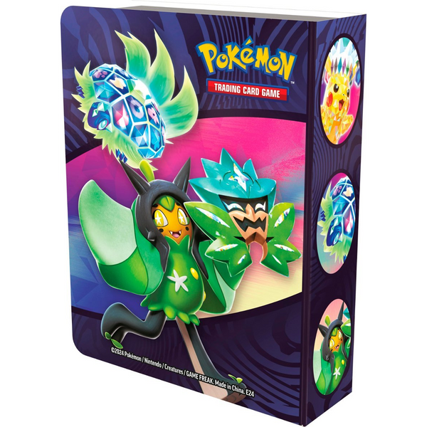 Maletín coleccionista Pokémon de color morado con ilustraciones de Pikachu, Ogerpon y Dipplin en estilo brillante.