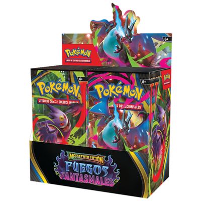 Caja expositora de sobres Pokémon Fuegos Fantasmales con diseño de Megaevoluciones en tonos neón y personajes Gengar y Charizard.