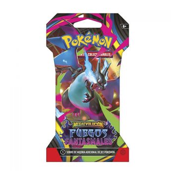 Sobre de cartas Pokémon Fuegos Fantasmales con diseño de Mega Charizard y detalles en colores vibrantes.