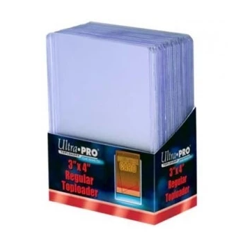 Paquete de 25 toploaders Ultra Pro transparentes de 3x4 pulgadas para protección de tarjetas coleccionables.
