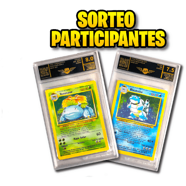 Dos cartas Pokémon holográficas Venusaur y Blastoise de Base Set graduadas en estuches acrílicos con texto Sorteo Participantes.