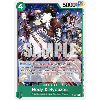 Hody Jones and Hyouzou character card from One Piece Card Game with green border, 6000 power, and dynamic battle artwork.