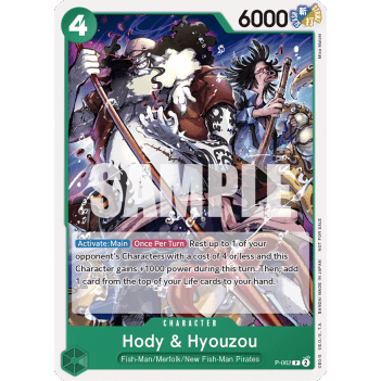 Hody Jones and Hyouzou character card from One Piece Card Game with green border, 6000 power, and dynamic battle artwork.