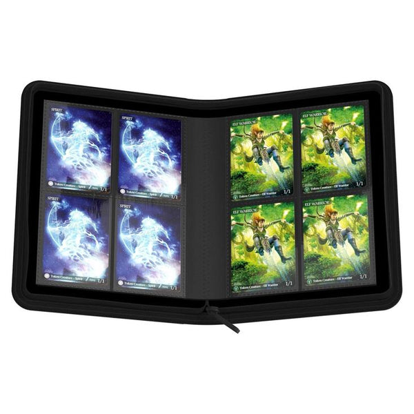 Álbum Vanguard ZipBinder negro abierto con 8 compartimentos para cartas coleccionables y cierre de cremallera.