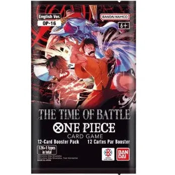 Sobre de cartas One Piece OP16 The Time of the Battle con ilustraciones de Luffy y Ace en un empaque negro brillante.