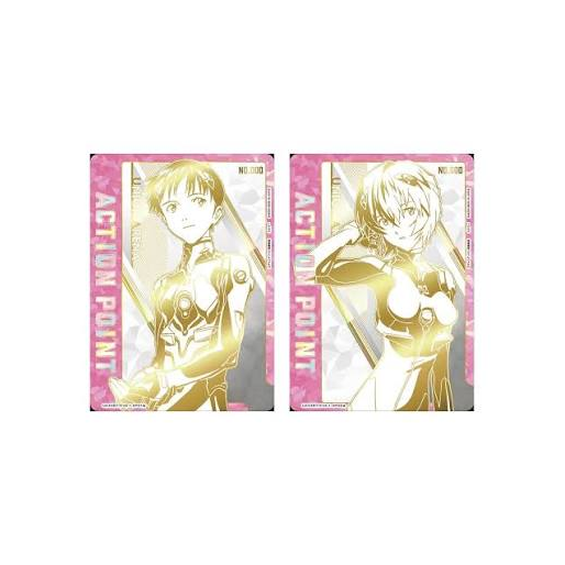 Cartas coleccionables Union Arena de Evangelion con diseño dorado brillante de Shinji y Rei sobre fondo rosa.