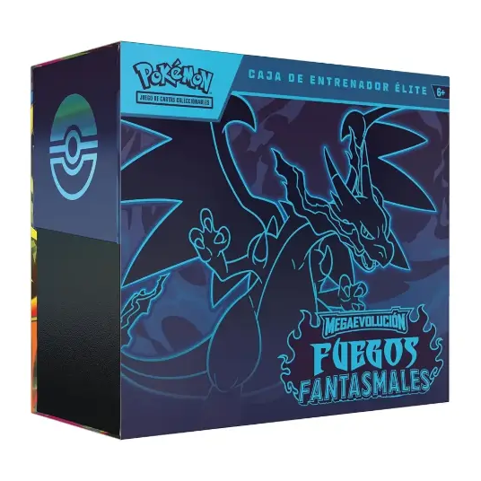 Caja de Entrenador Élite Pokémon Fuegos Fantasmales con diseño de Charizard en tonos azul oscuro y neón.