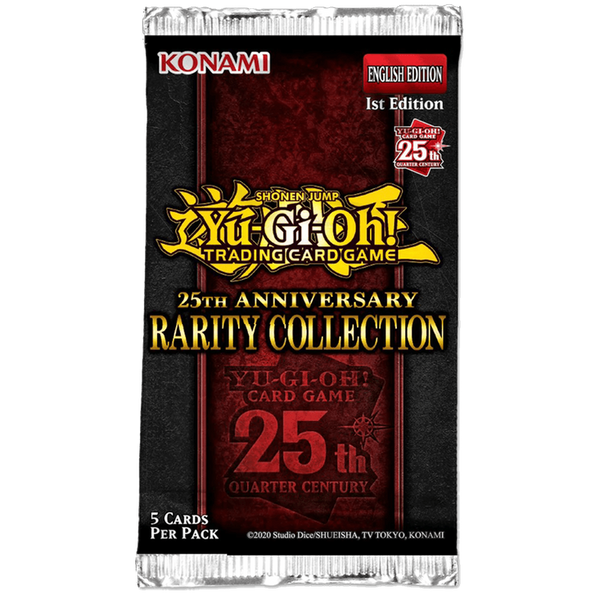 Yu-Gi-Oh! 25th Anniversary Rarity Collection booster pack with a black and red design and gold metallic lettering.