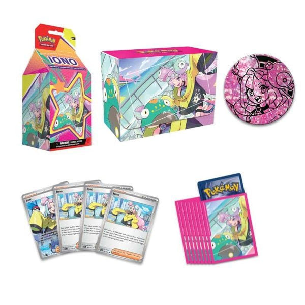Iono ex Premium Tournament Collection con caja, fundas, moneda metálica y cartas Pokémon con diseño colorido de Iono.