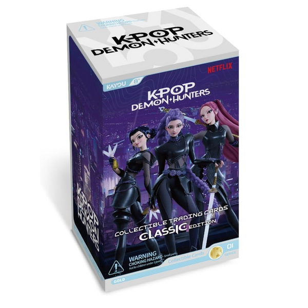 Booster box de cartas coleccionables Kayou K-Pop Demon Hunters Classic Edition con personajes en tonos morados y negros.