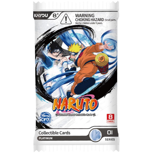 Sobre de cartas coleccionables Kayou Naruto Heaven Scroll Edition con ilustraciones de Naruto y Sasuke en diseño blanco.