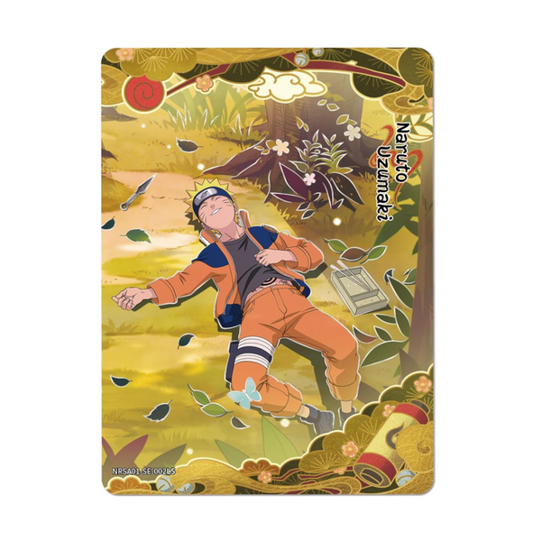 Carta coleccionable Kayou Naruto Heaven Scroll con Naruto Uzumaki descansando sobre la hierba en tonos dorados y naranjas.