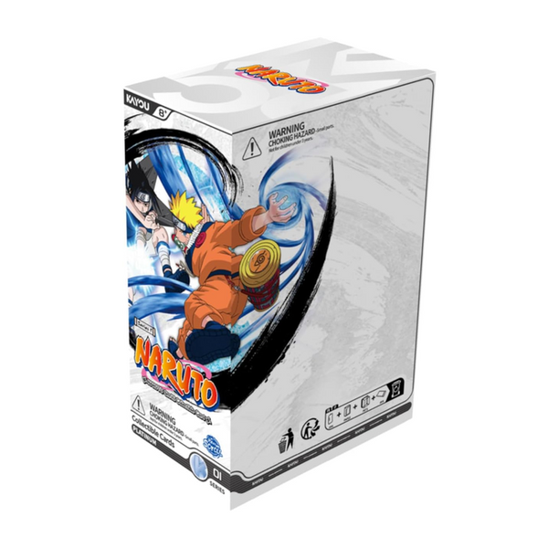 Booster box de cartas coleccionables Kayou Naruto Heaven Scroll con ilustraciones de Naruto y Sasuke en tonos azul y naranja.