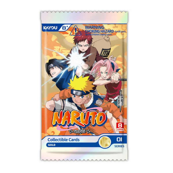 Sobre de cartas coleccionables Kayou Naruto Earth Scroll Edition con Naruto, Sasuke, Sakura y Gaara en diseño naranja.