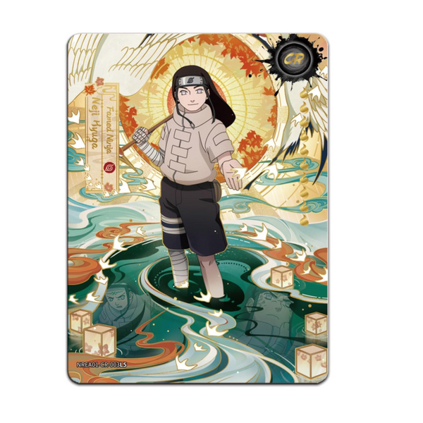 Carta coleccionable Kayou Naruto Earth Scroll de Neji Hyuga con diseño artístico en tonos dorados, verdes y acuáticos.