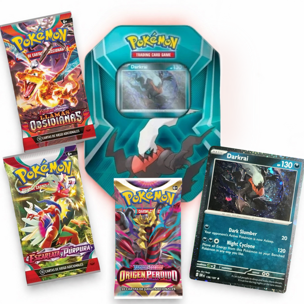 Lata metálica azul de Pokémon Darkrai con tres sobres de cartas coleccionables y una carta holográfica de Darkrai.