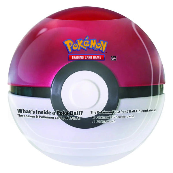 Lata metálica coleccionable de Pokémon en forma de Poké Ball roja y blanca con el logotipo oficial de JCC Pokémon.