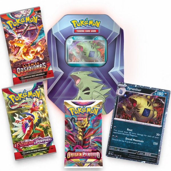 Lata metálica hexagonal de Tyranitar con tres sobres de cartas Pokémon y una carta holográfica de Tyranitar.