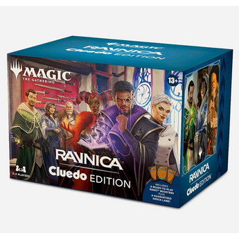 Caja azul de Magic: The Gathering Ravnica Cluedo Edition con ilustraciones de personajes y logo del juego en el frente.