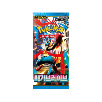 Sobre de cartas Pokémon Mega Brave m1L con diseño azul brillante y una ilustración dinámica de Mega Lucario.