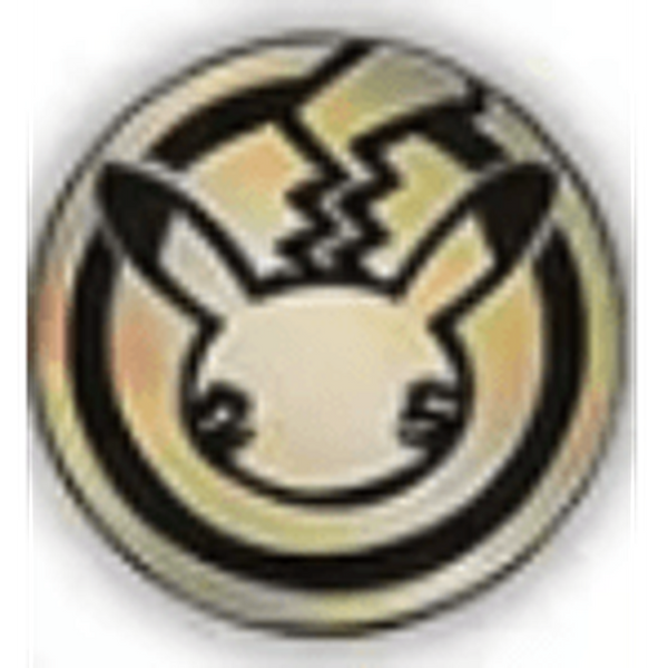 Moneda metálica dorada de Pokémon con el logotipo del 25 aniversario y la silueta de Pikachu en relieve.