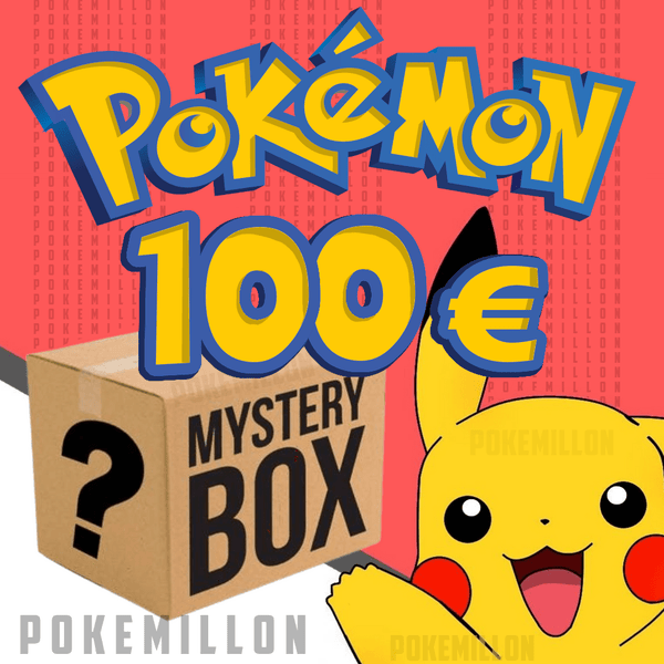 Caja misteriosa de cartas Pokémon de 100€ con diseño de cartón, logo oficial y personaje Pikachu sobre fondo rojo.