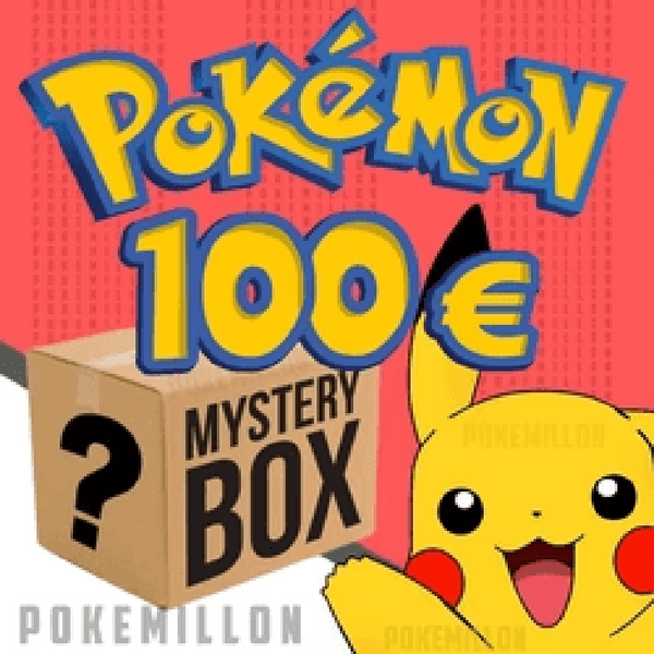 Caja misteriosa de cartas Pokémon sobre fondo rojo con Pikachu y texto 100€ en diseño llamativo.