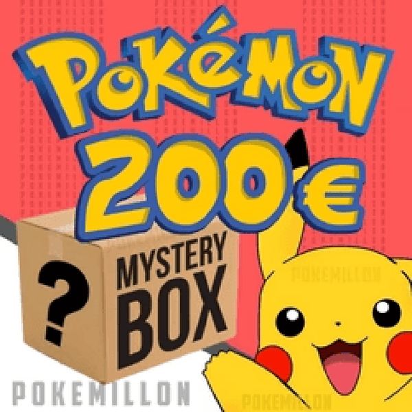 Caja misteriosa de cartas Pokémon de 200€ con diseño de cartón, signo de interrogación y Pikachu sobre fondo rojo.