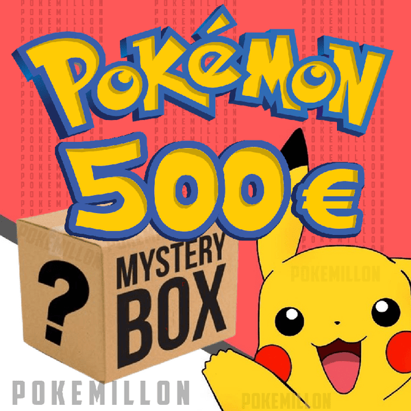 Mystery Box de cartas Pokémon de 500€ con caja de cartón, logo azul y amarillo y el personaje Pikachu sobre fondo rojo.