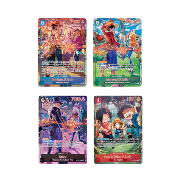 Four One Piece 3rd Anniversary English trading cards featuring colorful anime illustrations of Portgas D. Ace, Luffy, and Sabo.