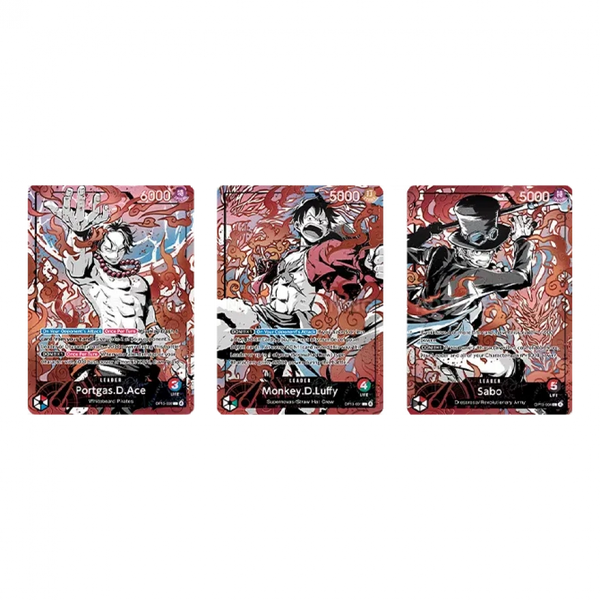 Three One Piece English 3rd Anniversary leader cards featuring Portgas D. Ace, Monkey D. Luffy, and Sabo with red artistic designs.