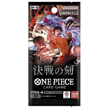 Sobre de cartas One Piece OP16 The Time of the Battle con ilustraciones de Luffy y Ace en un empaque negro brillante.