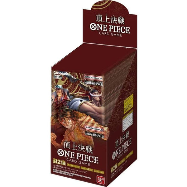 Caja de 24 sobres One Piece Card Game Paramount War con diseño en tonos granates y personajes de la serie.