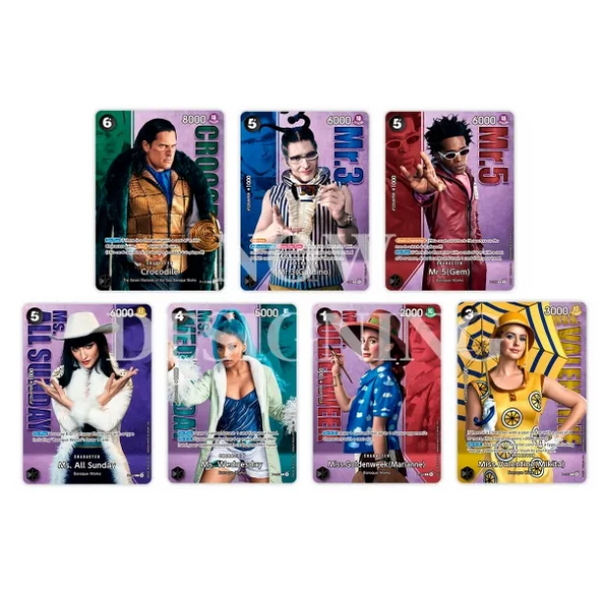 Siete cartas coleccionables de One Piece Live Action con personajes de Baroque Works en diseños coloridos y detallados.