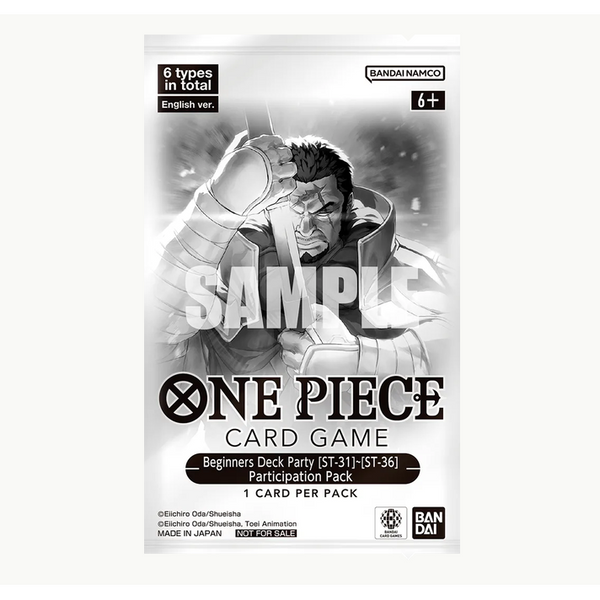 Sobre promocional blanco y negro One Piece TCG Beginners Deck Party ST-31 a ST-36 con ilustración de personaje y logo oficial.