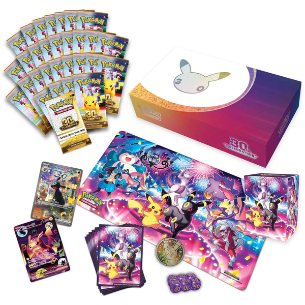 Ultra Premium Pokémon 30th Anniversary set featuring Umbreon cards, themed playmat, card sleeves, boosters, and collector box.