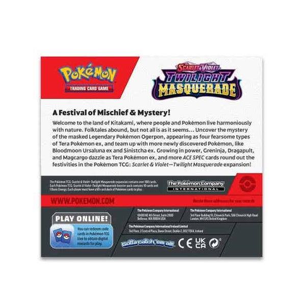 Reverso de sobre de JCC Pokémon Escarlata y Púrpura Mascarada Crepuscular con texto informativo y logos de la marca.