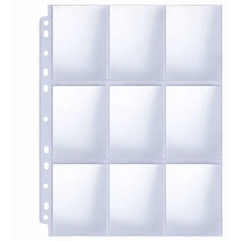 Hoja transparente de plástico con 9 bolsillos para cartas coleccionables y perforaciones laterales para archivador.