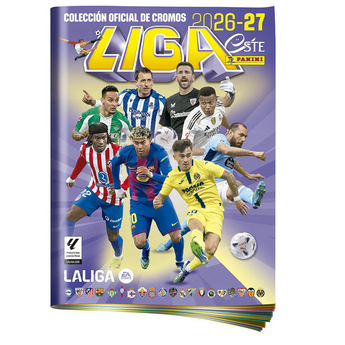 Álbum de cromos Panini Liga Este 2026/27 con fondo morado, logo oficial y jugadores de fútbol destacados en la portada.