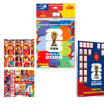 Póster conmemorativo Panini de España campeona del Mundial 2026, incluye 30 cromos de jugadores y diseño oficial en paquete.