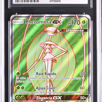 Graded Mint 9 CGC slabbed Pheromosa GX holographic Spanish Pokémon card from the Ultra Prism set.
