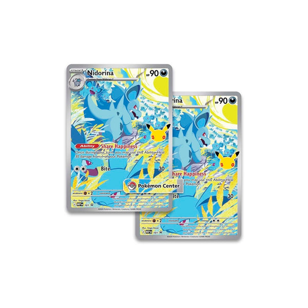 Dos cartas holográficas de arte completo de Nidorina con diseño azul brillante y logo oficial de Pokémon Center.