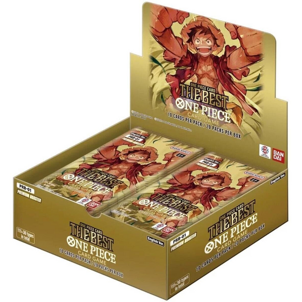 Caja expositora dorada de 20 sobres One Piece Card Game PRB-01 con ilustración de Luffy en tono premium.