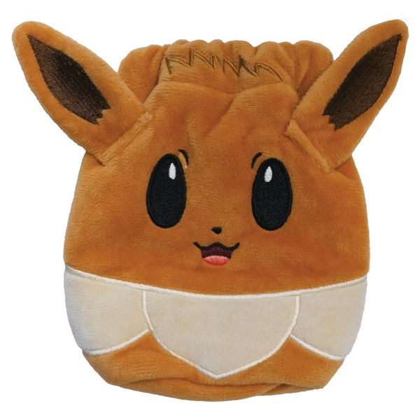 Pouch de felpa suave con forma de Eevee color café, orejas puntiagudas y diseño bordado de la cara del Pokémon.